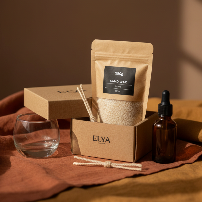 A premium minimal lifestyle product photo of a small Sand Candle Ritual Kit (250g) by ELYA on a warm earthy background. A small kraft box slightly open, showing a pouch of sand wax labeled 250g, a small glass candle pot, two cotton wicks tied with jute string, and a tiny amber fragrance dropper bottle. Soft linen surface, autumn tones, warm window light, cozy calm mood, shallow depth of field, luxury handcrafted aesthetic, clean composition, ecommerce hero shot, high detail, natural textures.